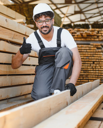 Young carpenter showing thumbs up while working with wood planks in a warehouse, concept of...
