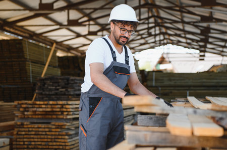 Carpenter selecting timber planks in a lumber warehouse, demonstrating workplace safety with...