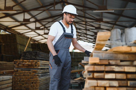 Skilled carpenter examining wooden planks in a warehouse, demonstrating expertise in woodworking and...