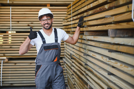 Smiling carpenter showing thumbs up while standing next to a stack of lumber boards in a warehouseの写真素材