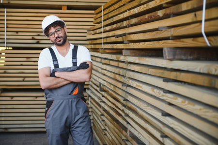 Confident woodworker posing with crossed arms in a lumber warehouse, surrounded by stacks of timber,...