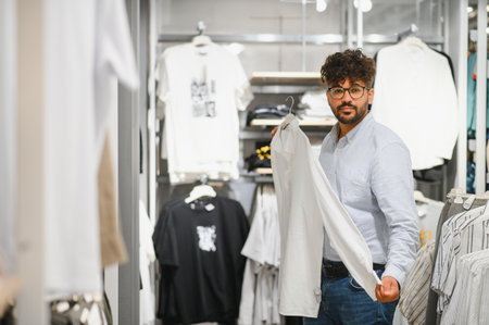 Young arab man examining a stylish white shirt while browsing through a modern clothing store,...