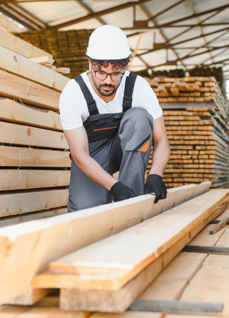 Carpenter wearing protective gear inspecting timber planks in a lumber warehouse, ensuring quality...