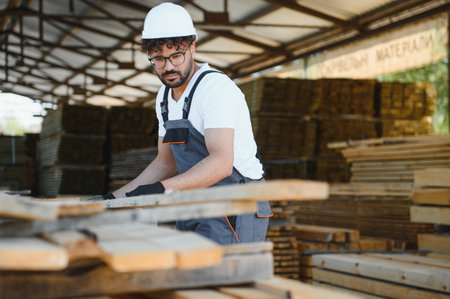 Carpenter wearing a safety helmet and gloves, handling timber planks while working diligently in a...