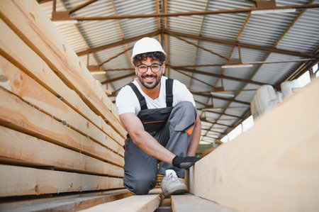 Smiling carpenter wearing work overalls and hardhat inspecting quality of wooden planks in a timber...