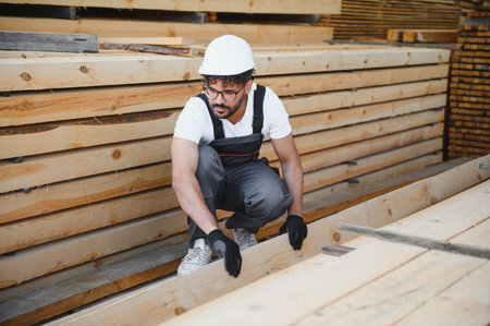 Carpenter wearing work overalls and hardhat inspecting timber planks in a lumber warehouse, ensuring...