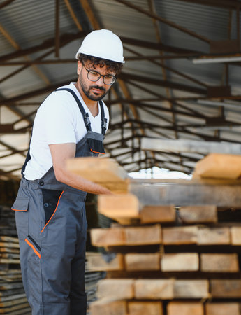 Young carpenter arranging wooden planks in a timber warehouse, showcasing the woodworking industry...