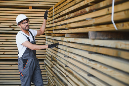 Carpenter wearing safety helmet and work overalls inspecting wooden planks in a lumber warehouse,...