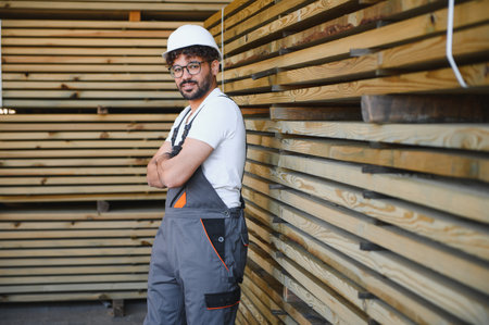 Confident carpenter standing with crossed arms near a stack of wooden boards in a lumber warehouse,...