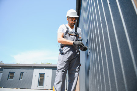 Construction worker using cordless drill installing metal siding on prefabricated modular building...
