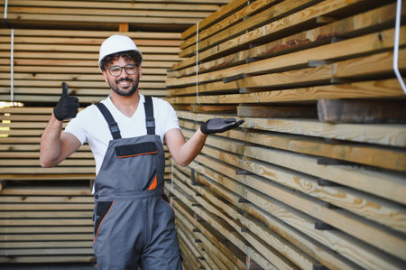 Smiling carpenter showing thumbs up and presenting high quality lumber boards in warehouse,...