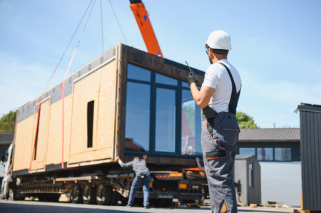 Construction worker using walkie talkie coordinating loading of prefabricated house module onto...