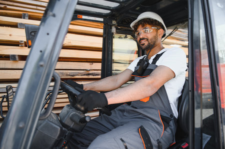 Skilled worker maneuvering forklift amidst stacks of lumber, ensuring efficient material handling within warehouse environmentの写真素材