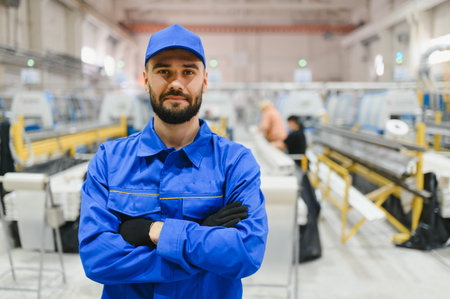 Confident factory worker posing with crossed arms in front of a production line for aluminum and pvc...
