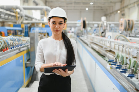 Female engineer wearing hardhat using digital tablet while controlling production line in modern pvc...