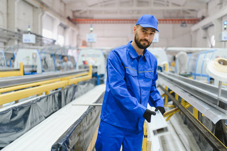 Factory worker in blue uniform handling pvc window frame in production line at modern aluminum and...