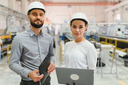 Two engineers holding laptop and clipboard are controlling automated production line in modern...