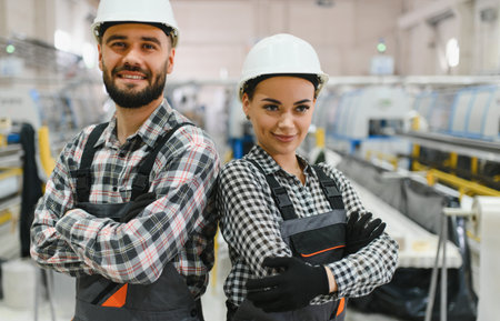 Two factory workers wearing hard hats and overalls stand confidently with their arms crossed in a...