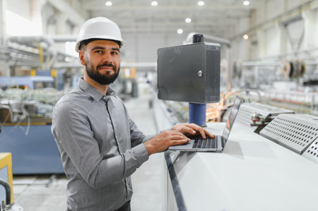 Industrial engineer wearing a hardhat, managing a production line while using a laptop in a modern...
