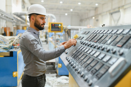 Industrial engineer wearing hardhat operating machinery in modern factory, managing production...
