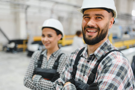 Engineers smiling confidently with arms crossed, showcasing their professionalism while wearing hard...