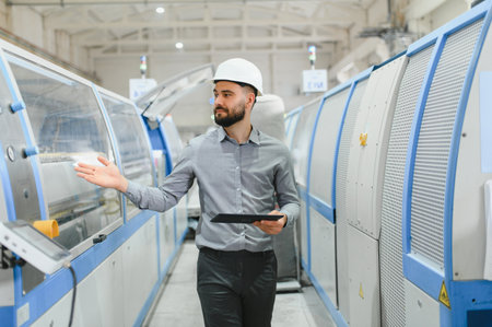 Supervisor wearing a hardhat and holding a tablet, inspecting the production line in a modern...