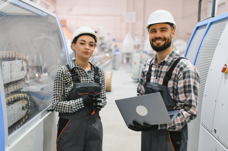 Two factory workers wearing overalls and hard hats are smiling while using a laptop in a modern...