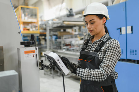 Skilled factory worker operating machinery using a digital tablet, showcasing modern industrial technology and automation in a manufacturing plantの写真素材