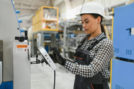 Factory worker wearing hardhat and gloves using digital touchscreen to operate machinery in...