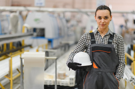 Confident female factory worker holding hardhat, posing in pvc windows and doors production plant