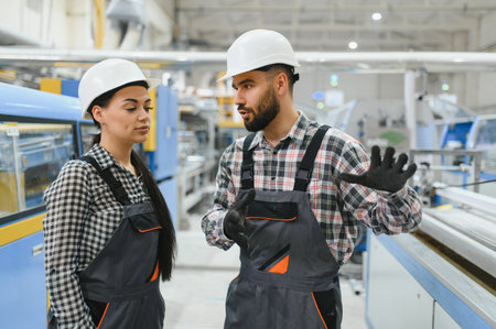 Supervisor wearing hardhat and gloves explaining production process to female worker in modern...