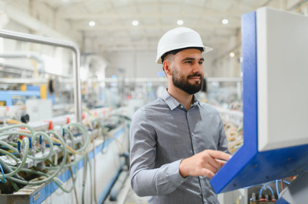 Industrial engineer wearing hardhat using touchscreen to operate machinery in modern factory setting