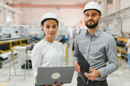 Two engineers holding laptop and clipboard are controlling the production line of a modern factory