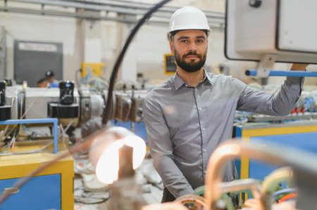 Industrial engineer monitoring machinery on a production line in a factory, ensuring smooth...