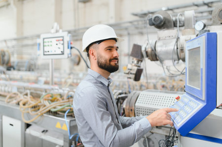 Industrial engineer wearing hardhat operating machinery on production line in modern factory,...
