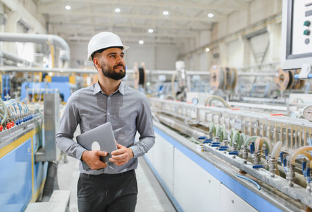 Industrial engineer walking along a production line in a modern factory, holding a laptop and...