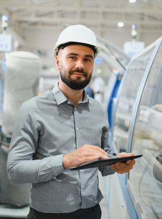 Industrial engineer wearing hardhat using digital tablet controlling production line in modern...