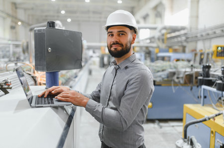 Factory engineer wearing a safety helmet uses a laptop next to a production line in a modern...