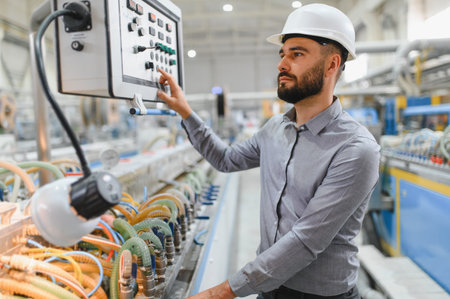 Industrial engineer wearing hardhat operating control panel of machinery in modern factory, ensuring...