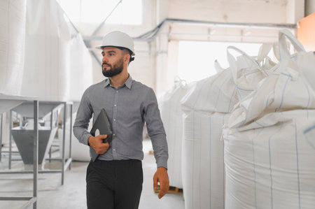 Food engineer walking in a flour mill carrying a tablet and wearing a hardhat, inspecting bags of...