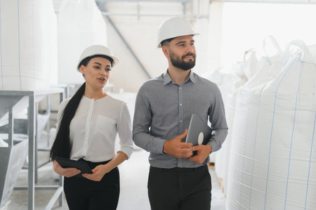 Two engineers are walking and discussing in a factory, holding digital tablets and wearing hardhats