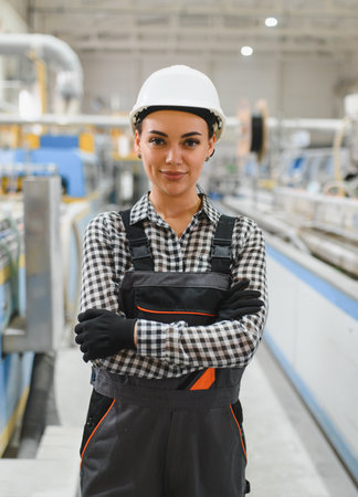 Confident female factory worker wearing hardhat and overalls standing with arms crossed in...
