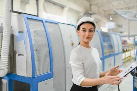 Confident female engineer wearing hardhat operating machinery in modern factory using digital tablet