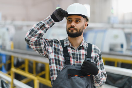 Confident factory worker adjusting his hardhat in a modern manufacturing plant specializing in...