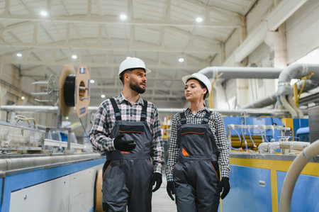 Two factory workers in overalls and hard hats are walking and discussing work in a modern industrial...