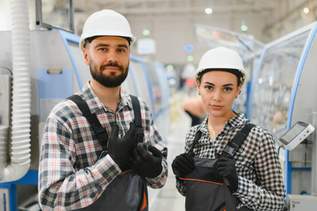Two factory workers wearing hard hats and overalls stand confidently in a modern industrial setting,...