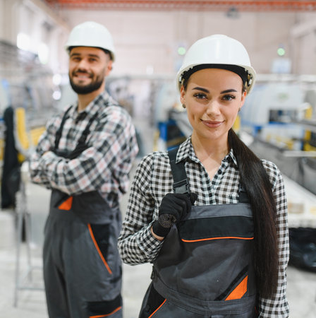 Two factory workers wearing overalls and hard hats standing confidently in a large industrial...