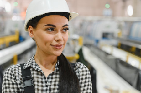 Portrait of a young woman wearing a white hard hat, smiling confidently in a large industrial...