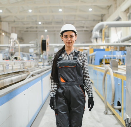Confident female factory worker wearing protective workwear standing in a modern manufacturing...