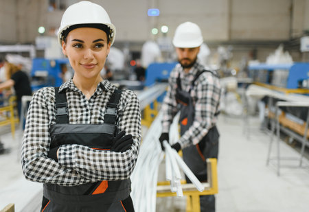 Female engineer wearing hardhat and overalls stands with arms crossed in a plastic window factory,...